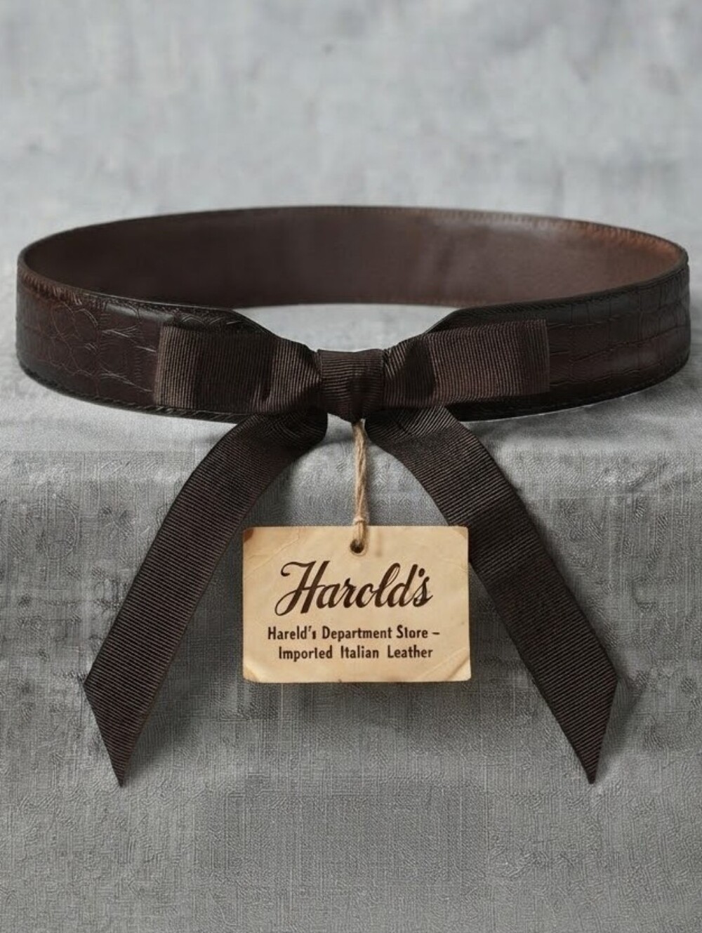 Y2K Harold's Brown Italian Leather Croc Embossed Ribbon Tie Belt Size Small